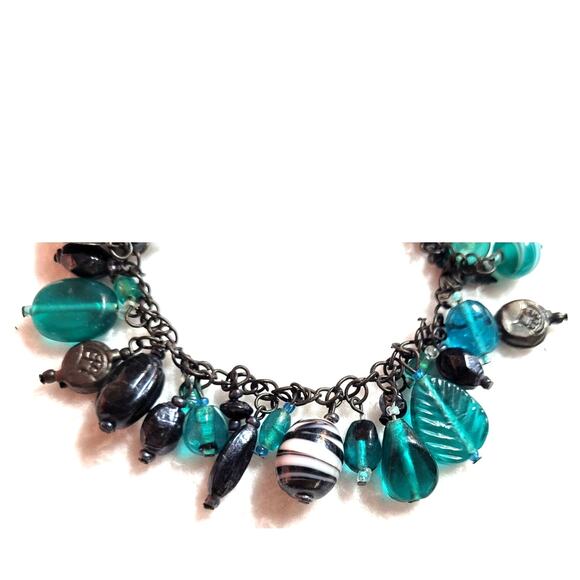 Beaded Bracelet Ankle 7"-9" Dangling Glass Charms Teal Aqua Black Boho Beachy - Picture 3 of 6